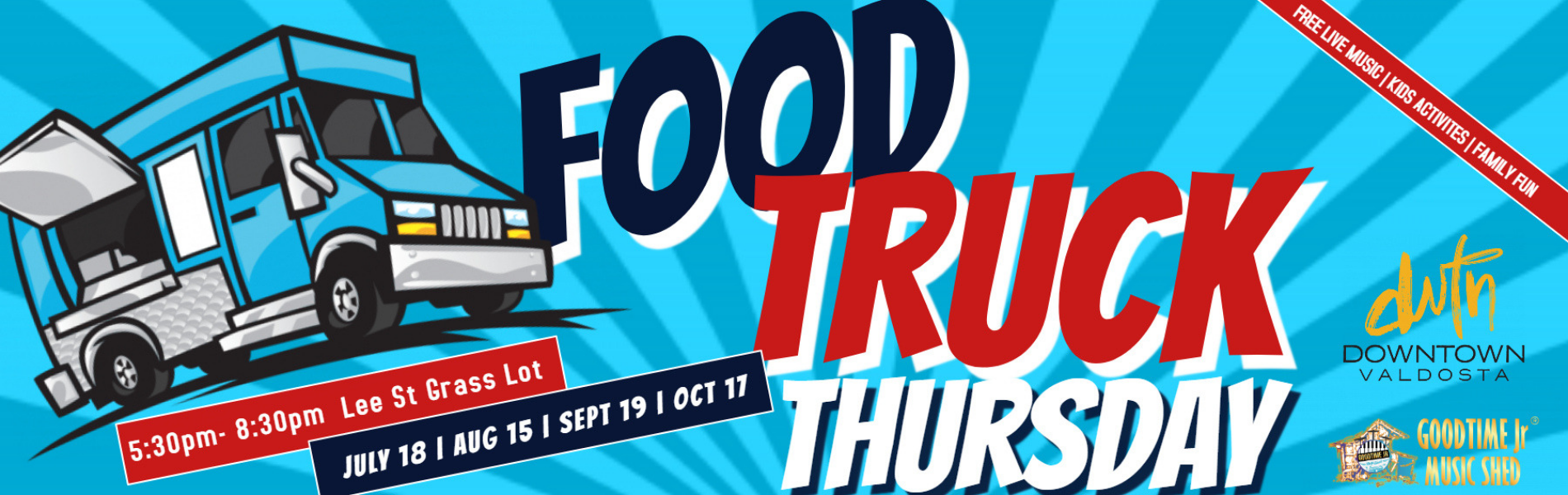 Food Truck Thursdays in Downtown Valdosta. Third Thursday of every month from 5:30pm until 8:30pm. A free concert by Goodtime Jr